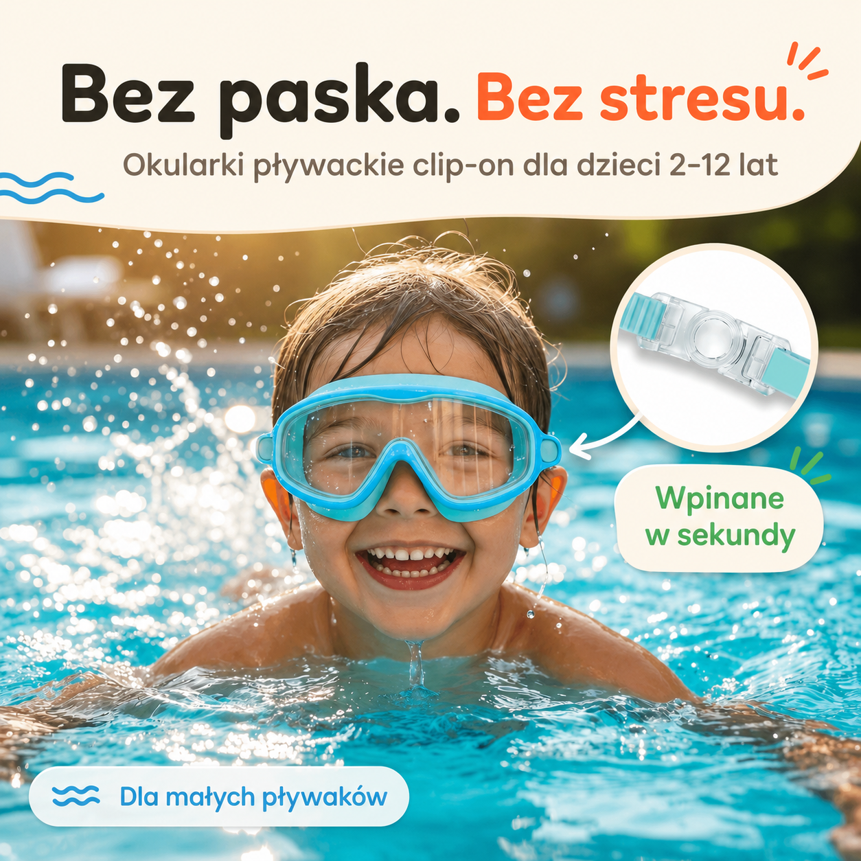 Uśmiechnięty chłopiec w niebieskich okularkach clip-on wynurza się w basenie