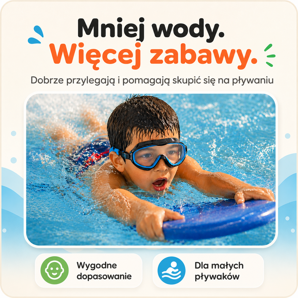 Chłopiec w okularkach pływackich płynie z niebieską deską na basenie