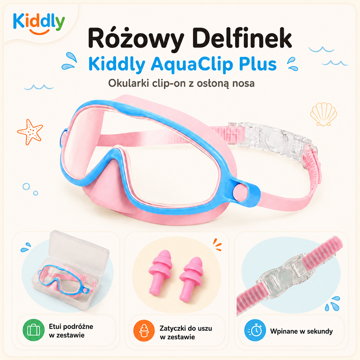 Okularki Różowy Delfinek z osłoną nosa, różowo-niebieskie, z etui i zatyczkami