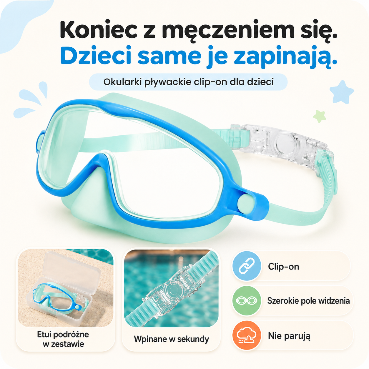 Miętowo-niebieskie okularki pływackie Kiddly AquaClip z klamrą clip-on i etui
