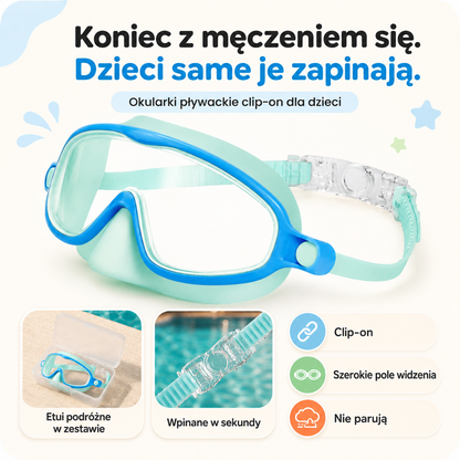 Miętowo-niebieskie okularki pływackie Kiddly AquaClip z klamrą clip-on i etui